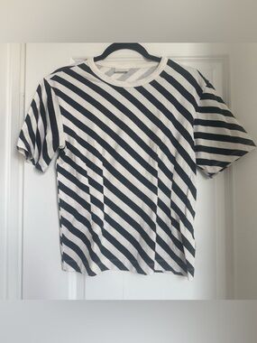 Dries Van Noten Black White Stripped Short Sleeve Pleat Cotton Top Shirt XS